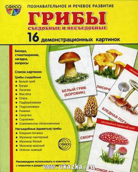 Демонстрационные картинки супер Грибы съедобные и несъедобны. 16 демонстрационных картинок с текстом