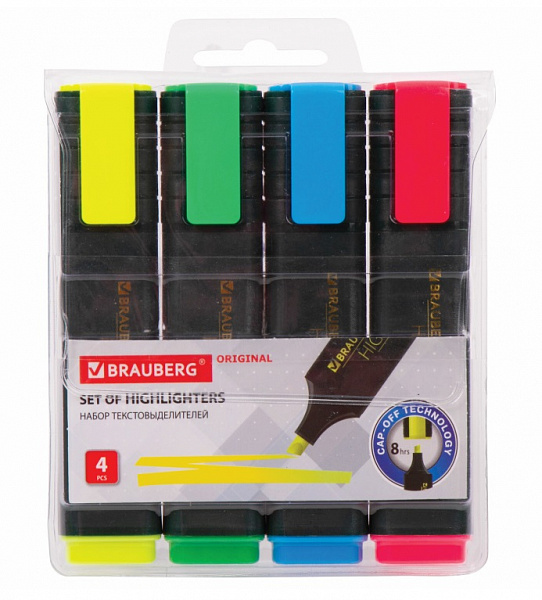 Набор текстовыделителей 4 ЦВЕТА, BRAUBERG "ORIGINAL NEON", линия письма 1-5 мм